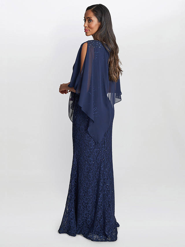 Gina Bacconi Ginger Sequin Lace Dress with Chiffon Cape, Spring Navy