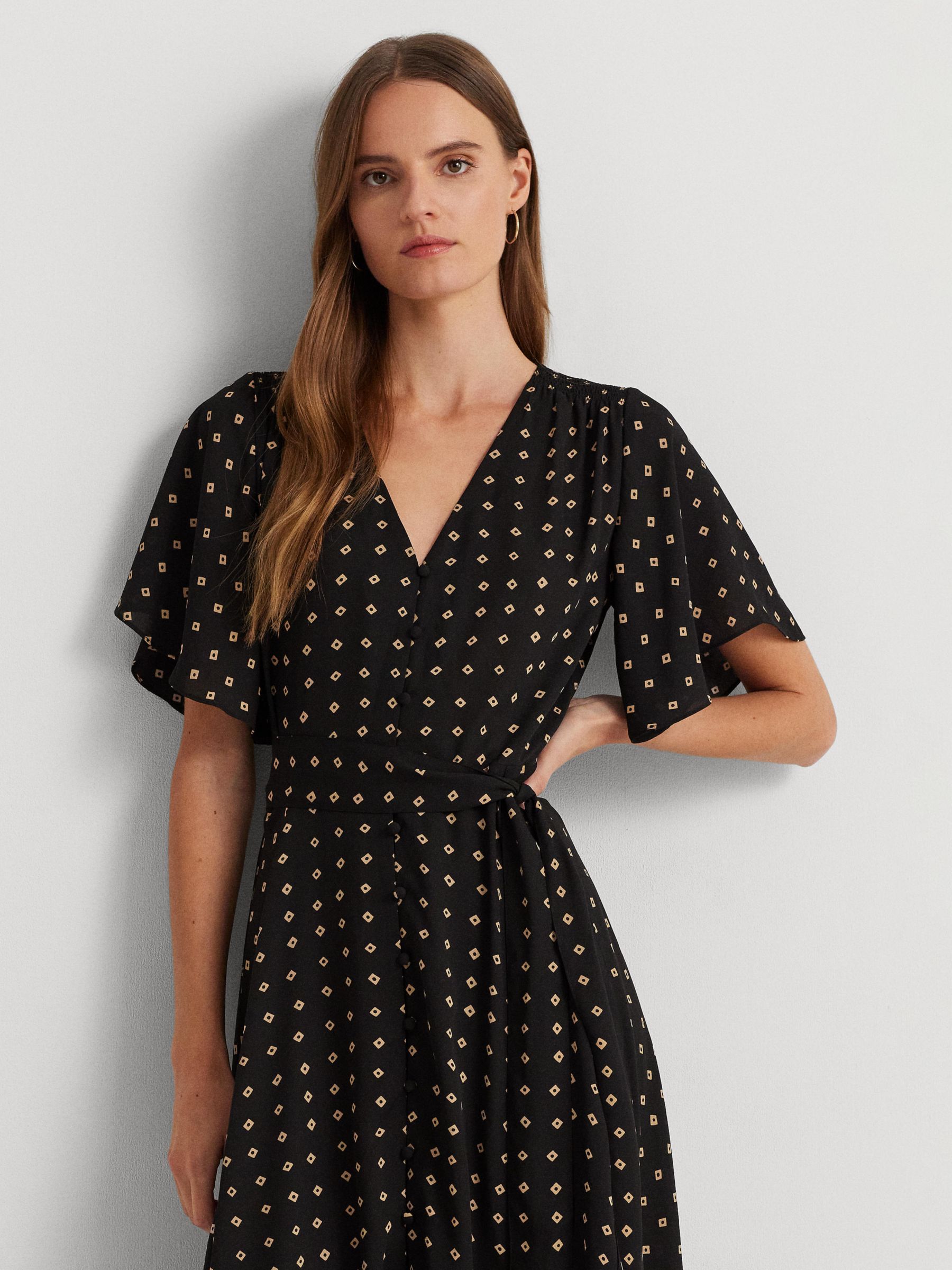 Lauren Ralph Lauren  Geometric Print Crepe Flutter Sleeve Midi Dress, Black/Tan, 14