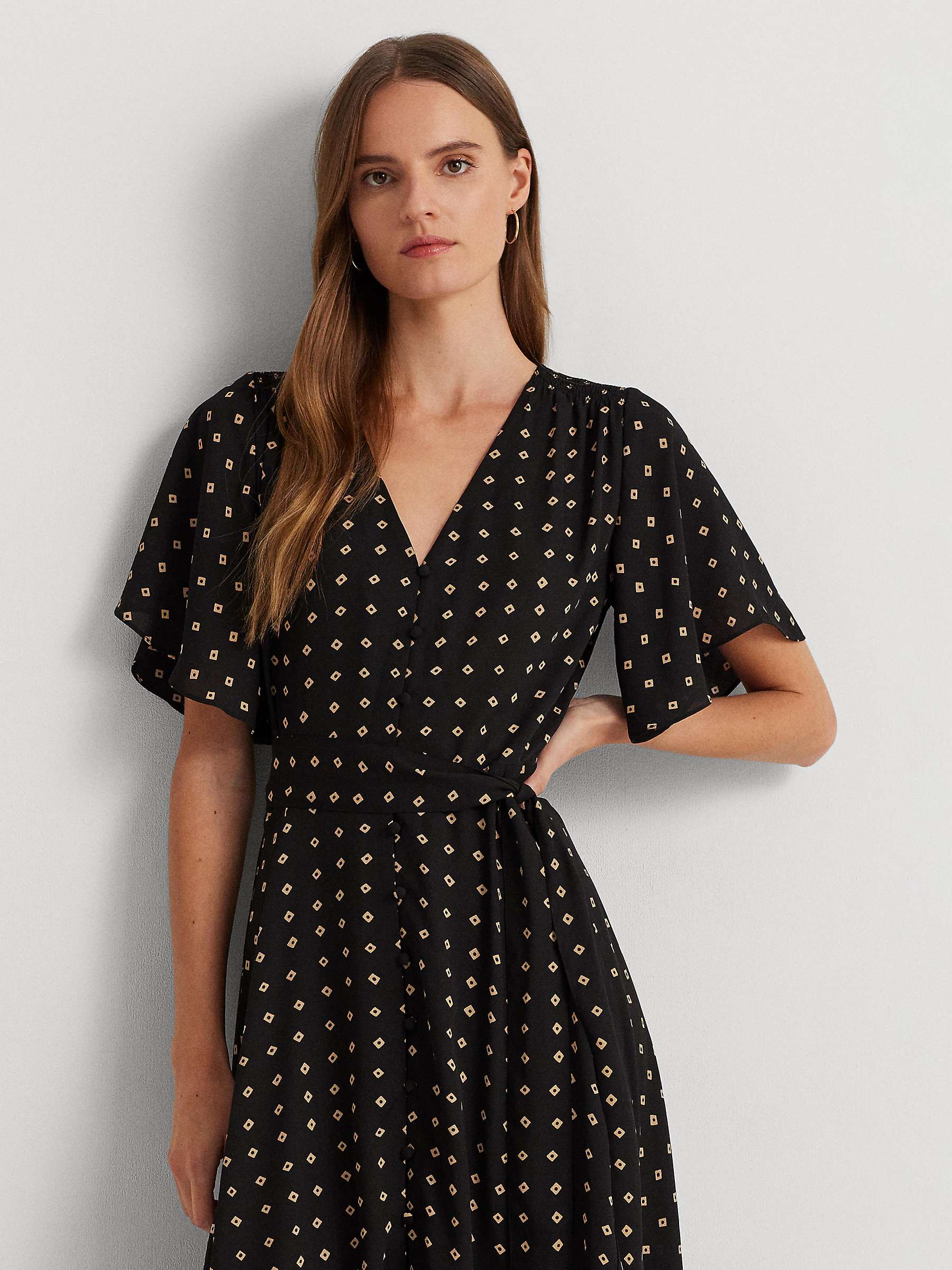 Buy Lauren Ralph Lauren Geometric Print Crepe Flutter Sleeve Midi Dress, Black/Tan Online at johnlewis.com