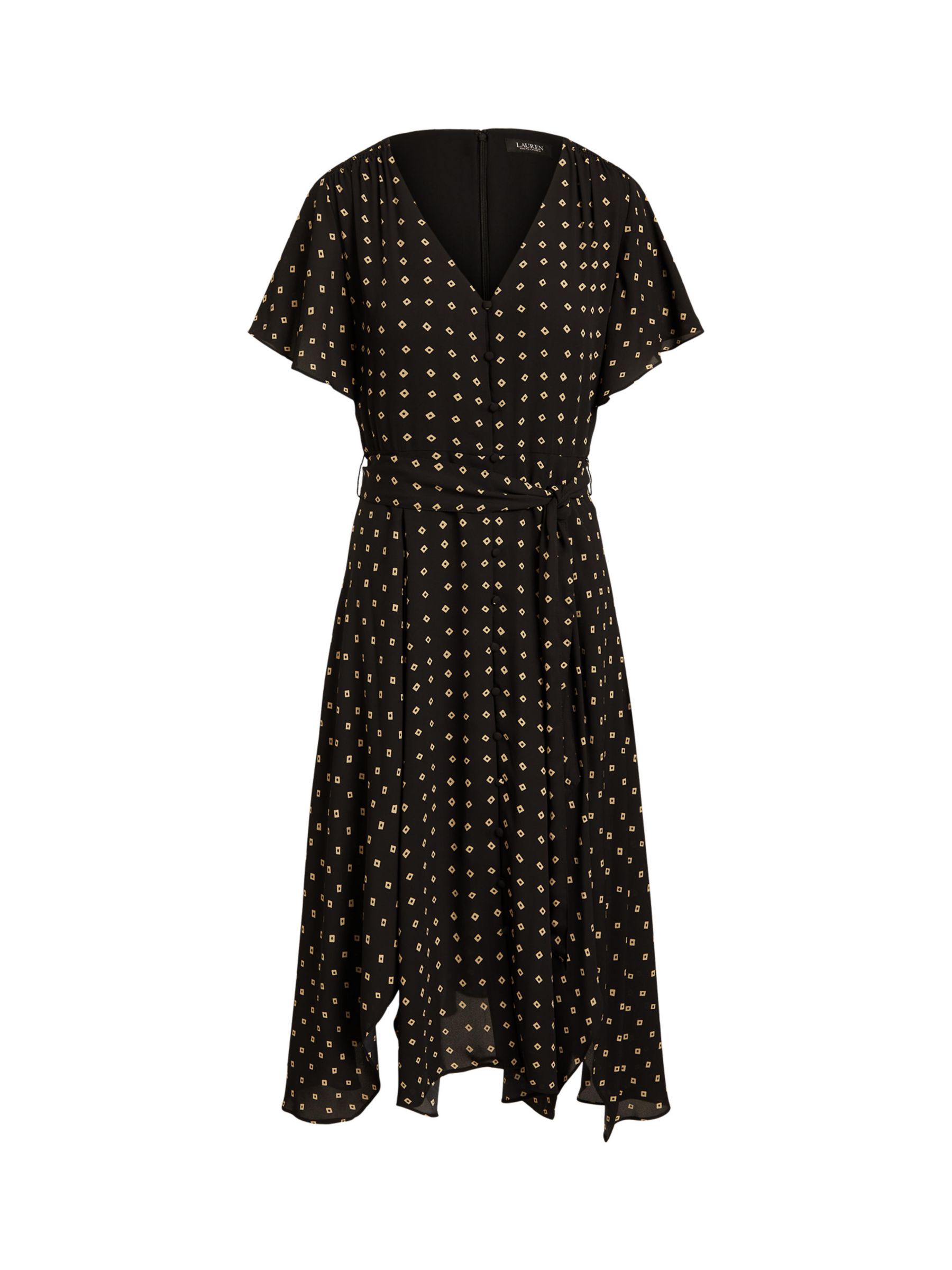 Lauren Ralph Lauren  Geometric Print Crepe Flutter Sleeve Midi Dress, Black/Tan, 14