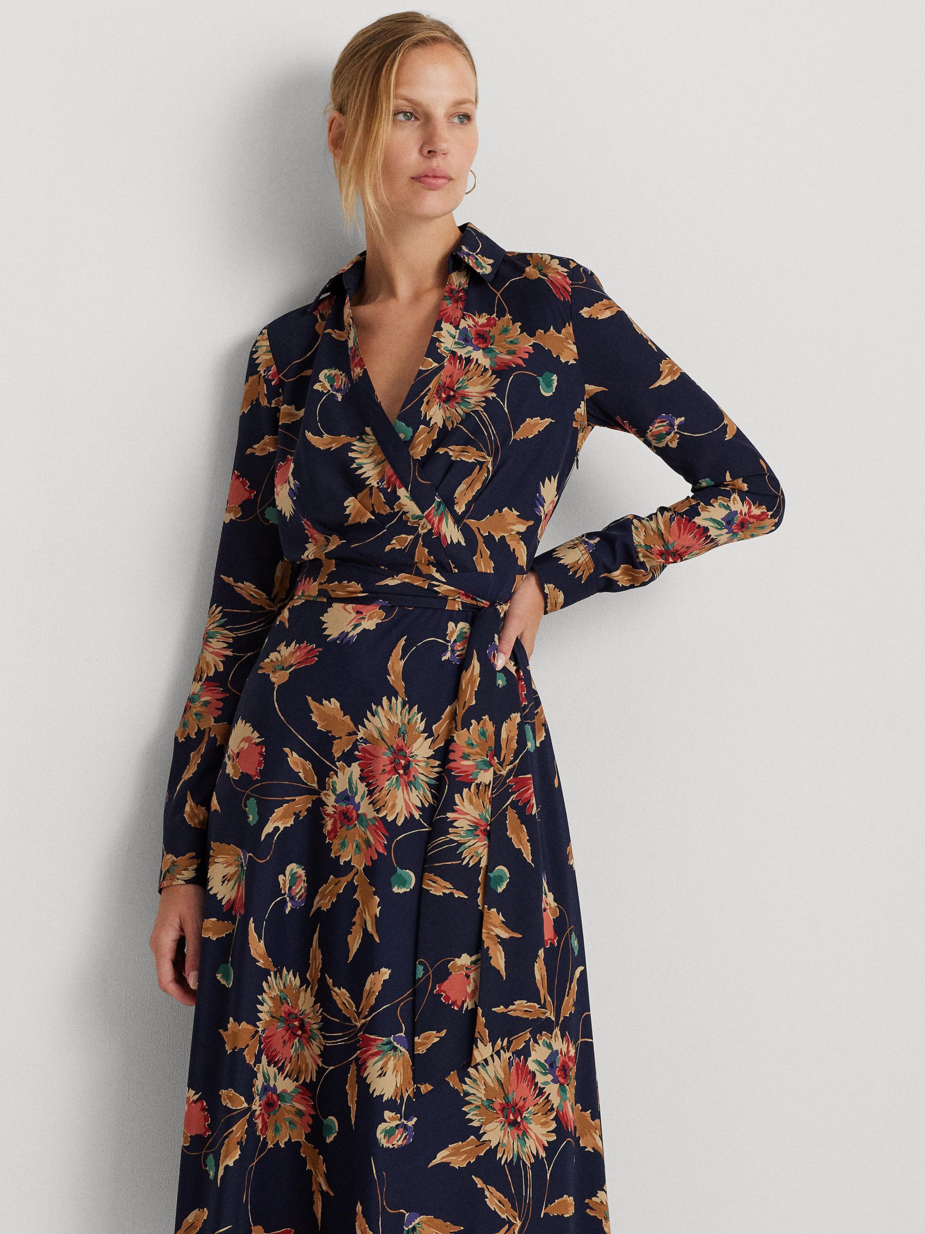 Lauren Ralph Lauren Rowella Floral Print Crepe Midi Wrap Dress, Navy ...