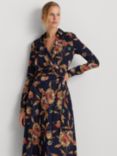 Lauren Ralph Lauren Rowella Floral Print Crepe Midi Wrap Dress, Navy/Multi, Navy/Multi