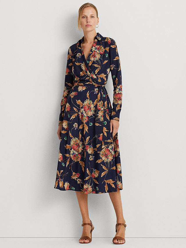 Lauren Ralph Lauren Rowella Floral Print Crepe Midi Wrap Dress, Navy/Multi