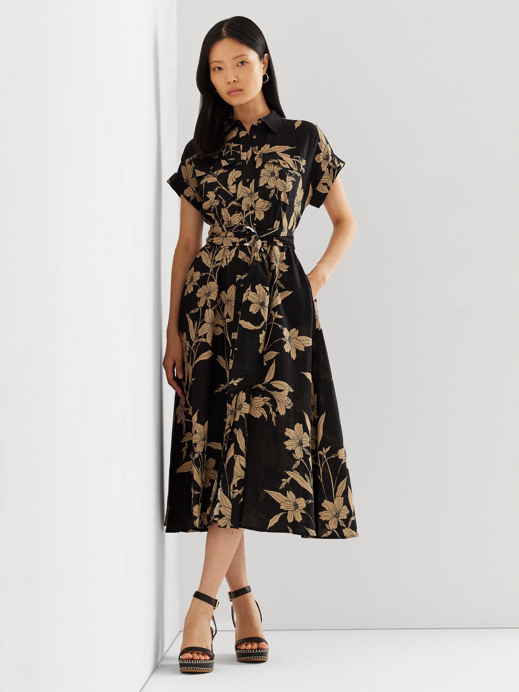 Lauren Ralph Lauren Wilisant Floral Print Linen Shirt Dress, Black/Tan ...