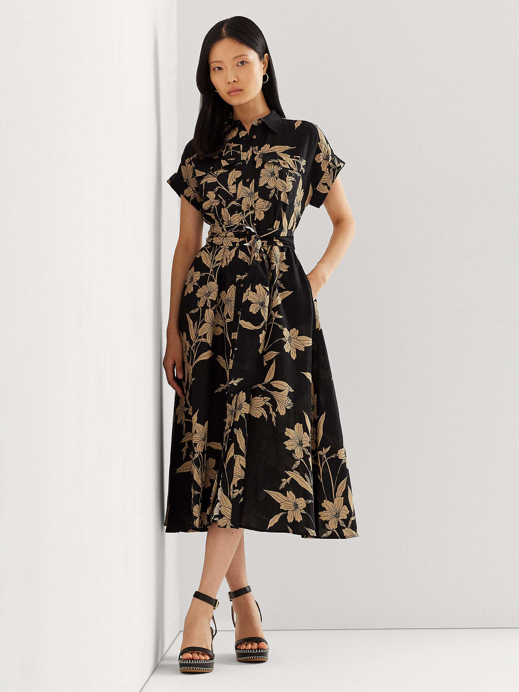 Buy Lauren Ralph Lauren Wilisant Floral Print Linen Shirt Dress, Black/Tan Online at johnlewis.com