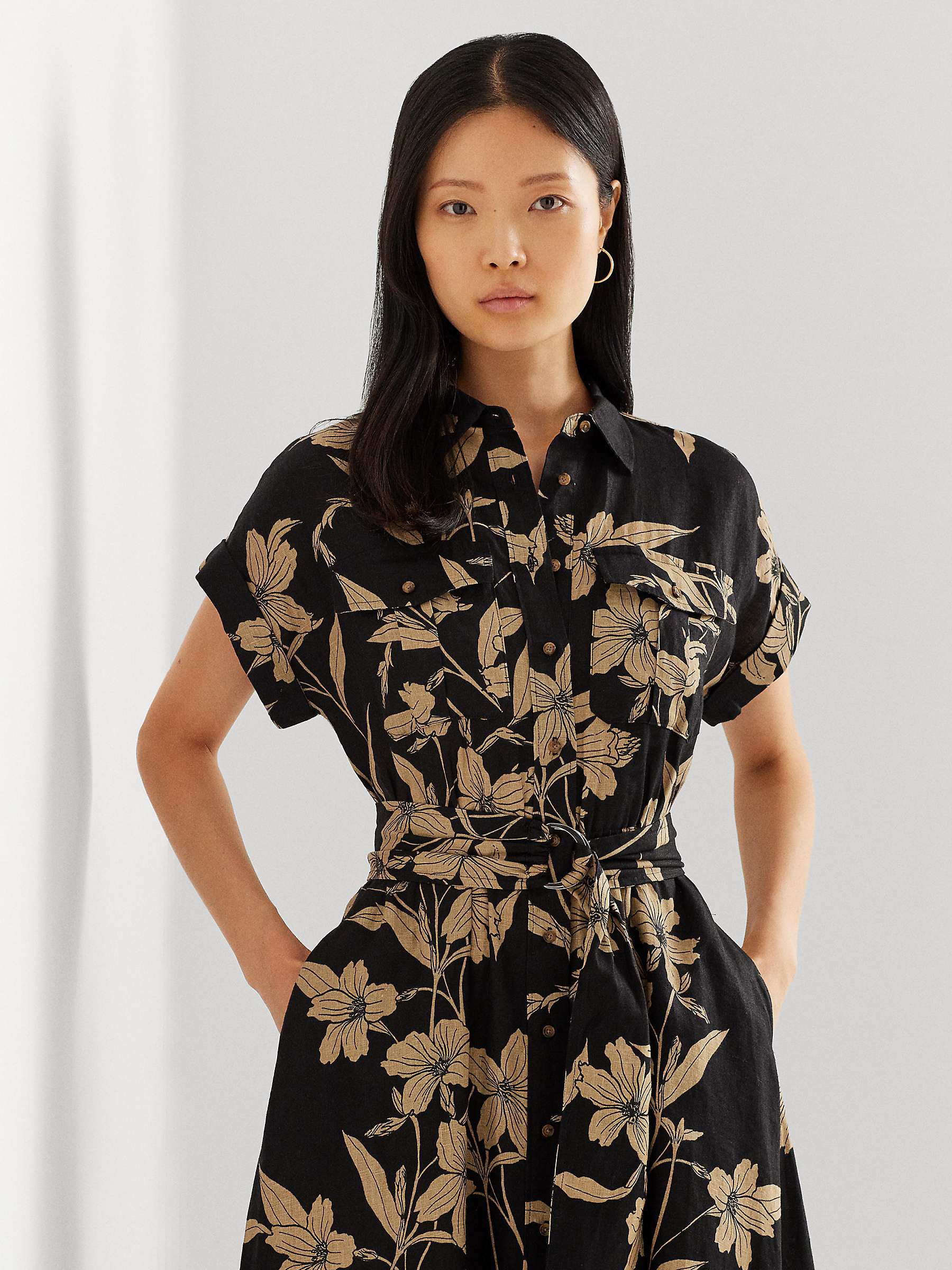 Buy Lauren Ralph Lauren Wilisant Floral Print Linen Shirt Dress, Black/Tan Online at johnlewis.com