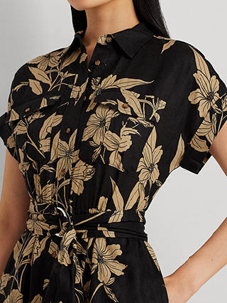 Lauren Ralph Lauren Wilisant Floral Print Linen Shirt Dress, Black/Tan