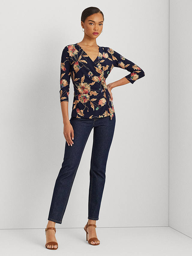 Lauren Ralph Lauren Jainab Floral Print Jersey Wrap Top, Navy/Multi