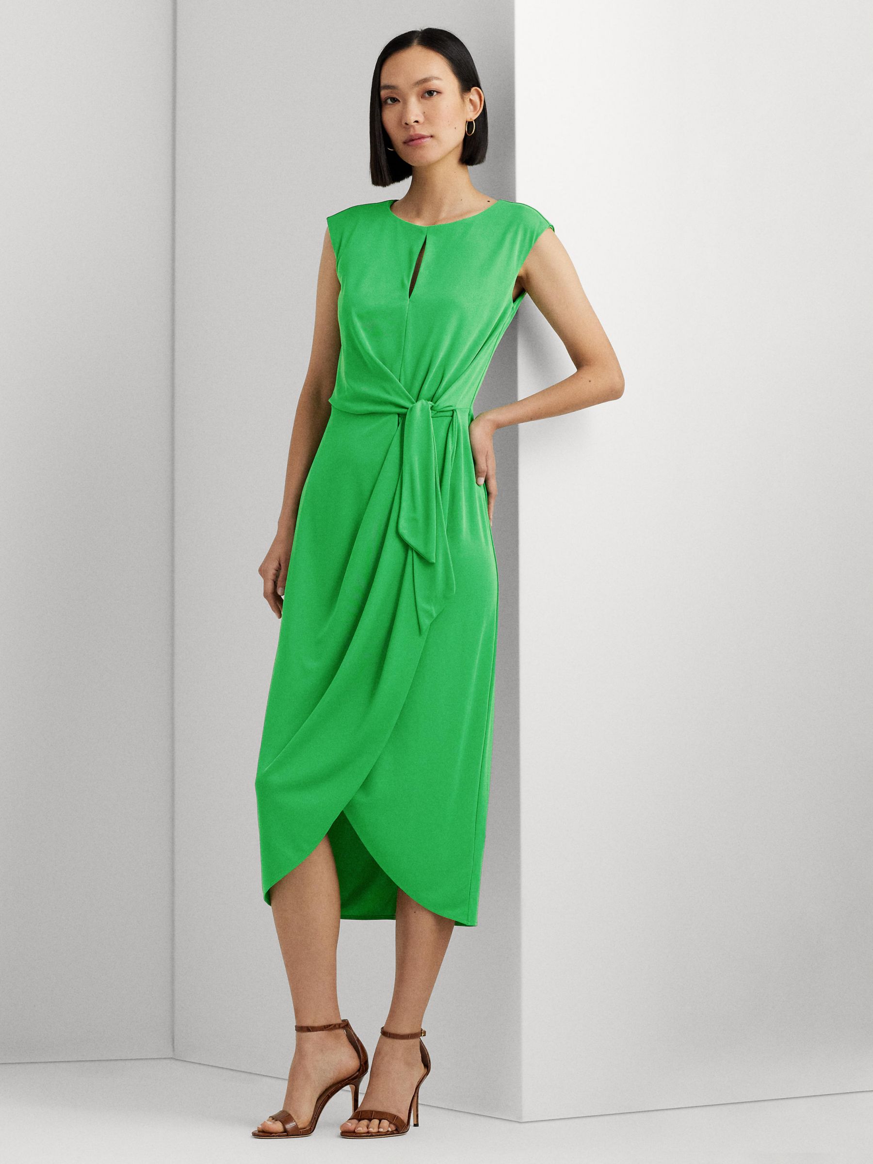 Lauren Ralph Lauren Reidly Jersey Tie Front Midi Dress, Green Topaz, 8