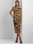 Lauren Ralph Lauren Reidly Palm Print Jersey Tie Front Midi Dress, Tan/Black, Tan/Black