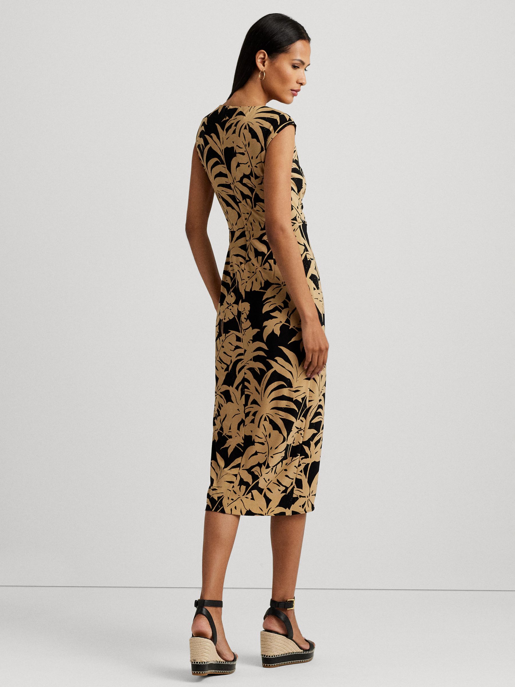 Lauren Ralph Lauren Reidly Palm Print Jersey Tie Front Midi Dress, Tan/Black, 10