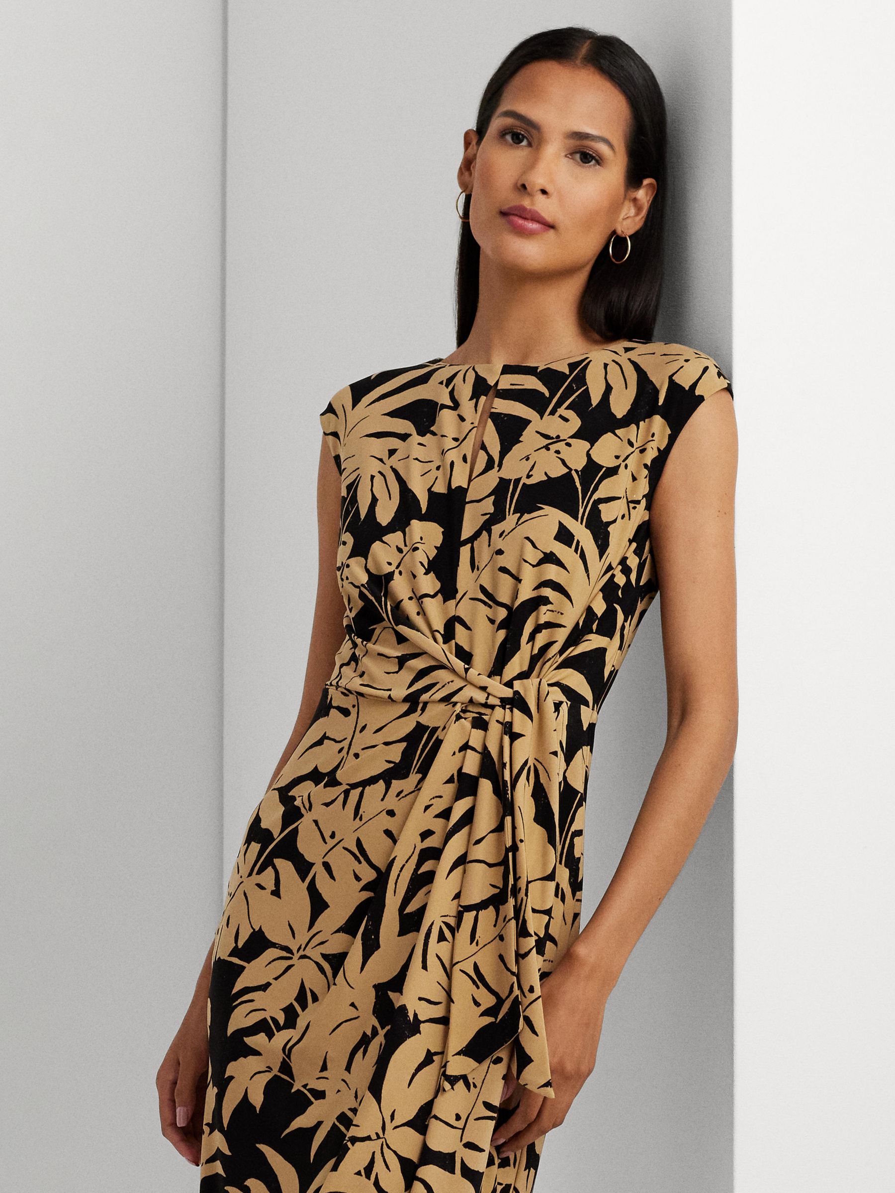 Lauren Ralph Lauren Reidly Palm Print Jersey Tie Front Midi Dress,  Tan/Black at John Lewis & Partners
