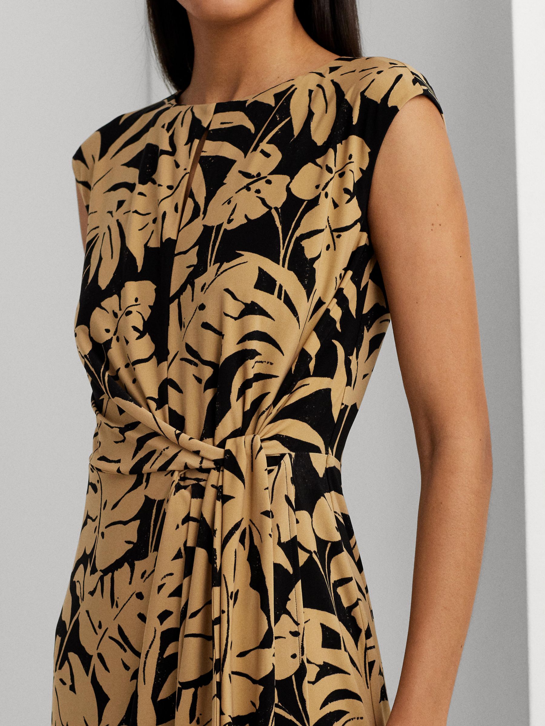 Lauren Ralph Lauren Reidly Palm Print Jersey Tie Front Midi Dress, Tan/Black, 10