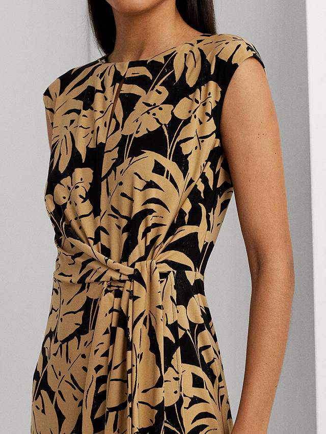 Lauren Ralph Lauren Reidly Palm Print Jersey Tie Front Midi Dress, Tan/Black