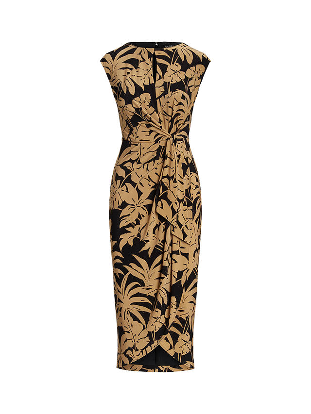Lauren Ralph Lauren Reidly Palm Print Jersey Tie Front Midi Dress, Tan/Black