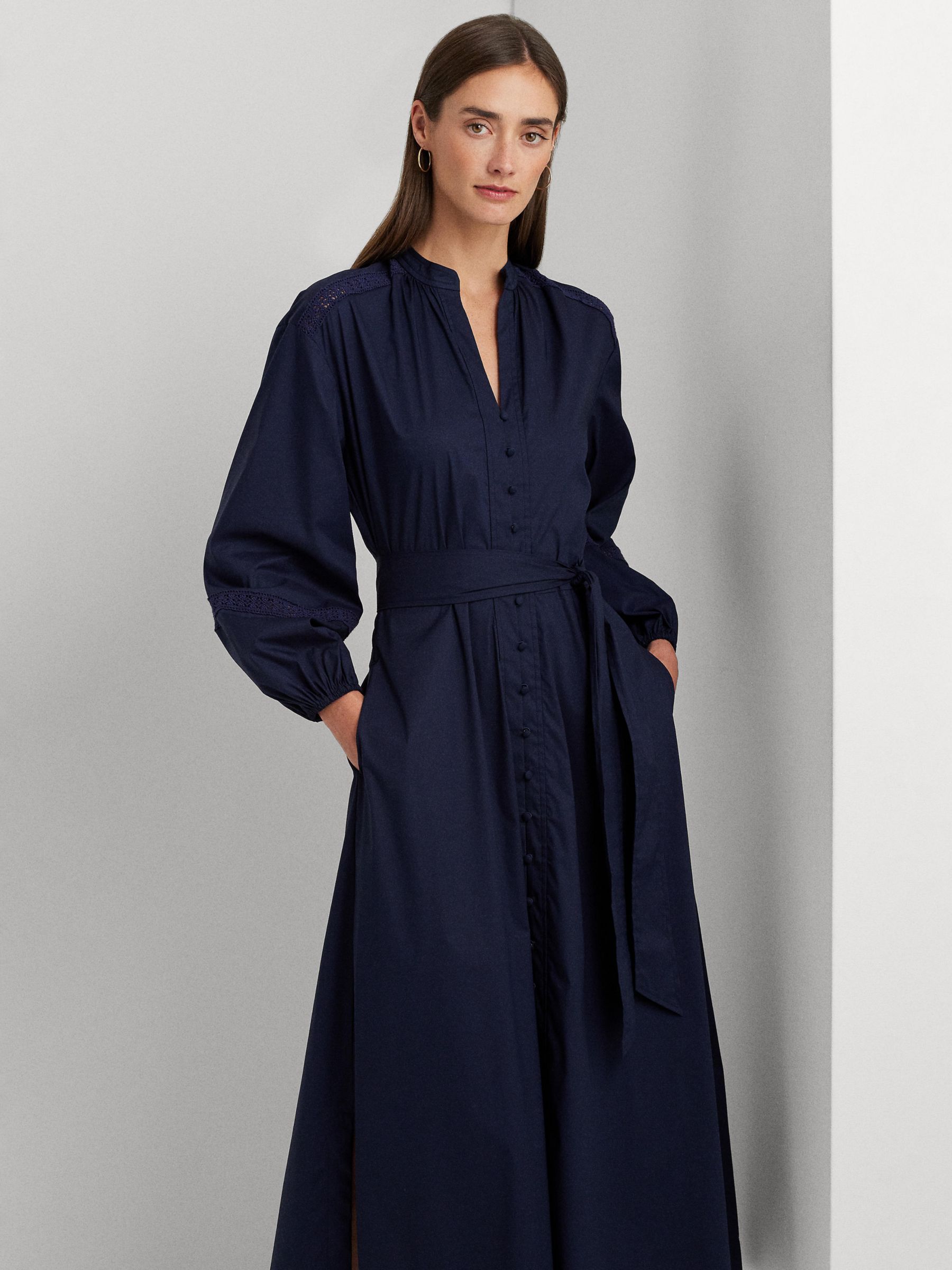 Lauren Ralph Lauren Carelle Lace Trim Midi Shirt Dress, Refined Navy at ...