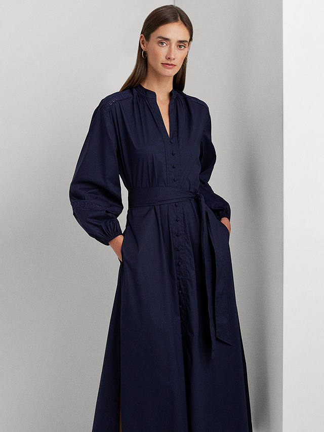 Lauren Ralph Lauren Carelle Lace Trim Midi Shirt Dress, Refined Navy