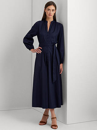 Lauren Ralph Lauren Carelle Lace Trim Midi Shirt Dress, Refined Navy
