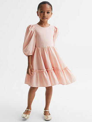 Reiss Kids' Toby Volume Puff Sleeve Tiered Dress, Pink