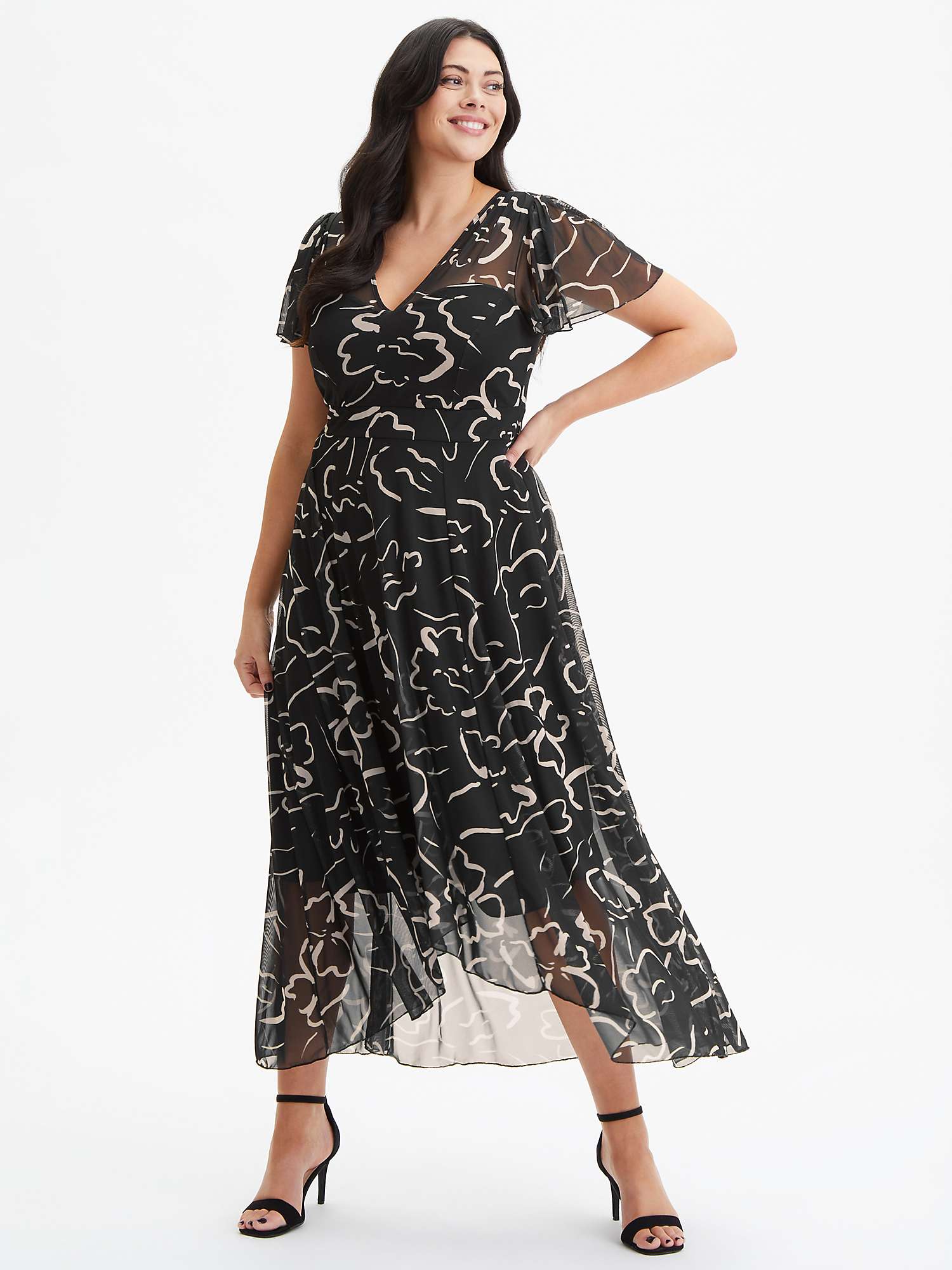 Buy Scarlett & Jo Print Angel Sleeve Sweetheart Dress, Black/Ecru Online at johnlewis.com