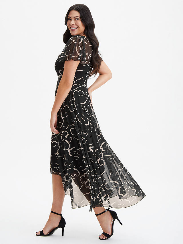 Scarlett & Jo Print Angel Sleeve Sweetheart Dress, Black/Ecru