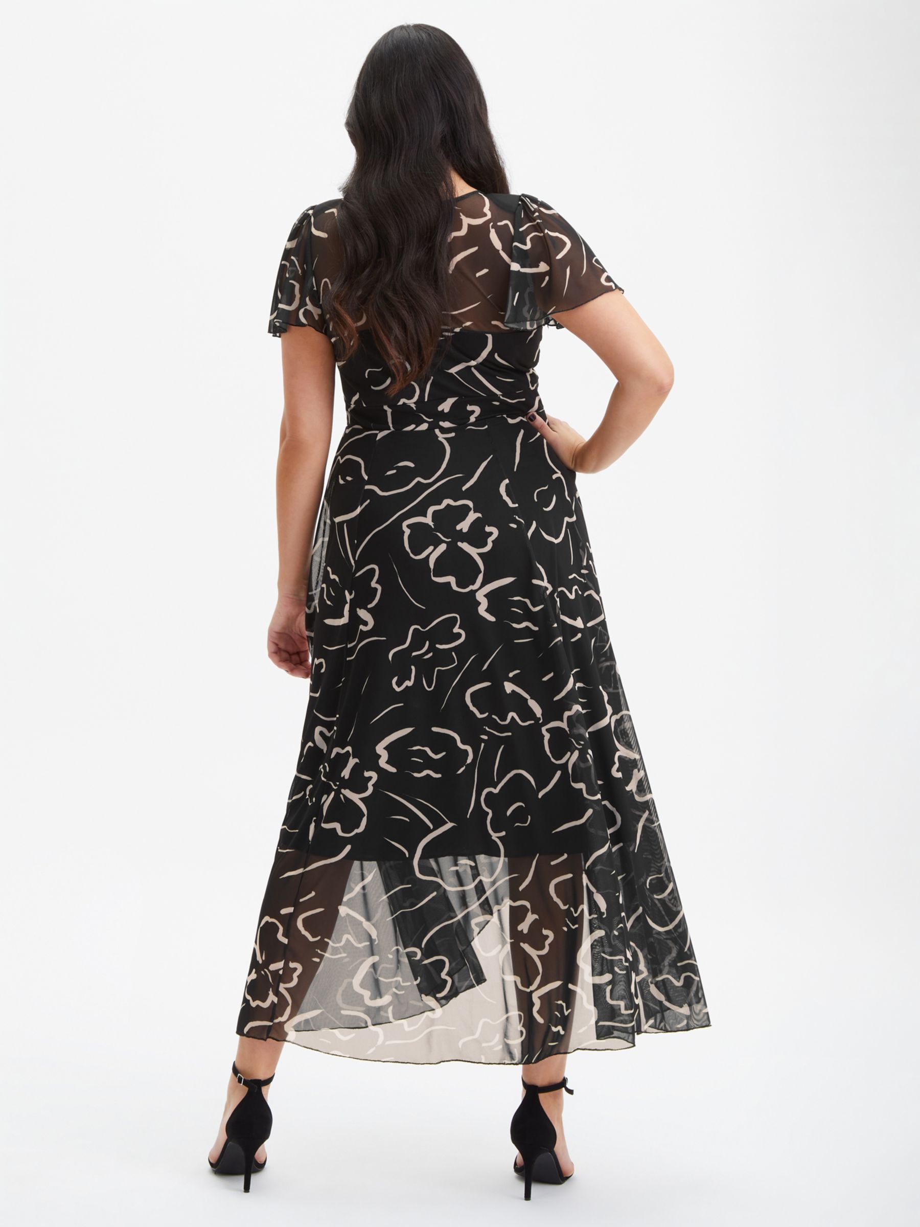 Scarlett & Jo Print Angel Sleeve Sweetheart Dress, Black/Ecru, 24