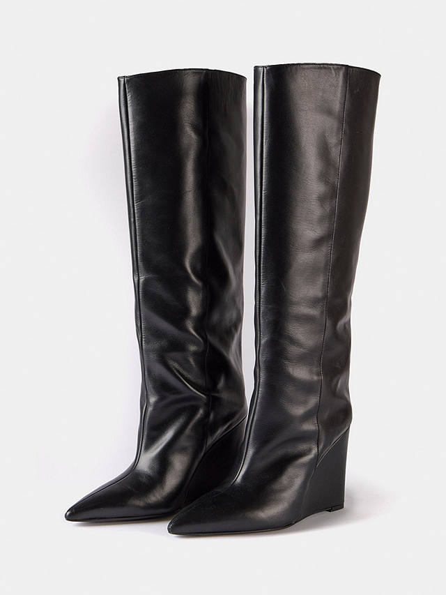 Mint Velvet Leather Wedge Heel Knee Boots, Black