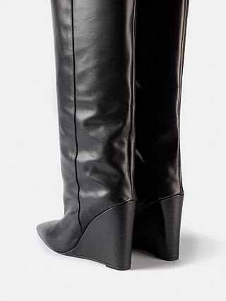 Mint Velvet Leather Wedge Heel Knee Boots, Black