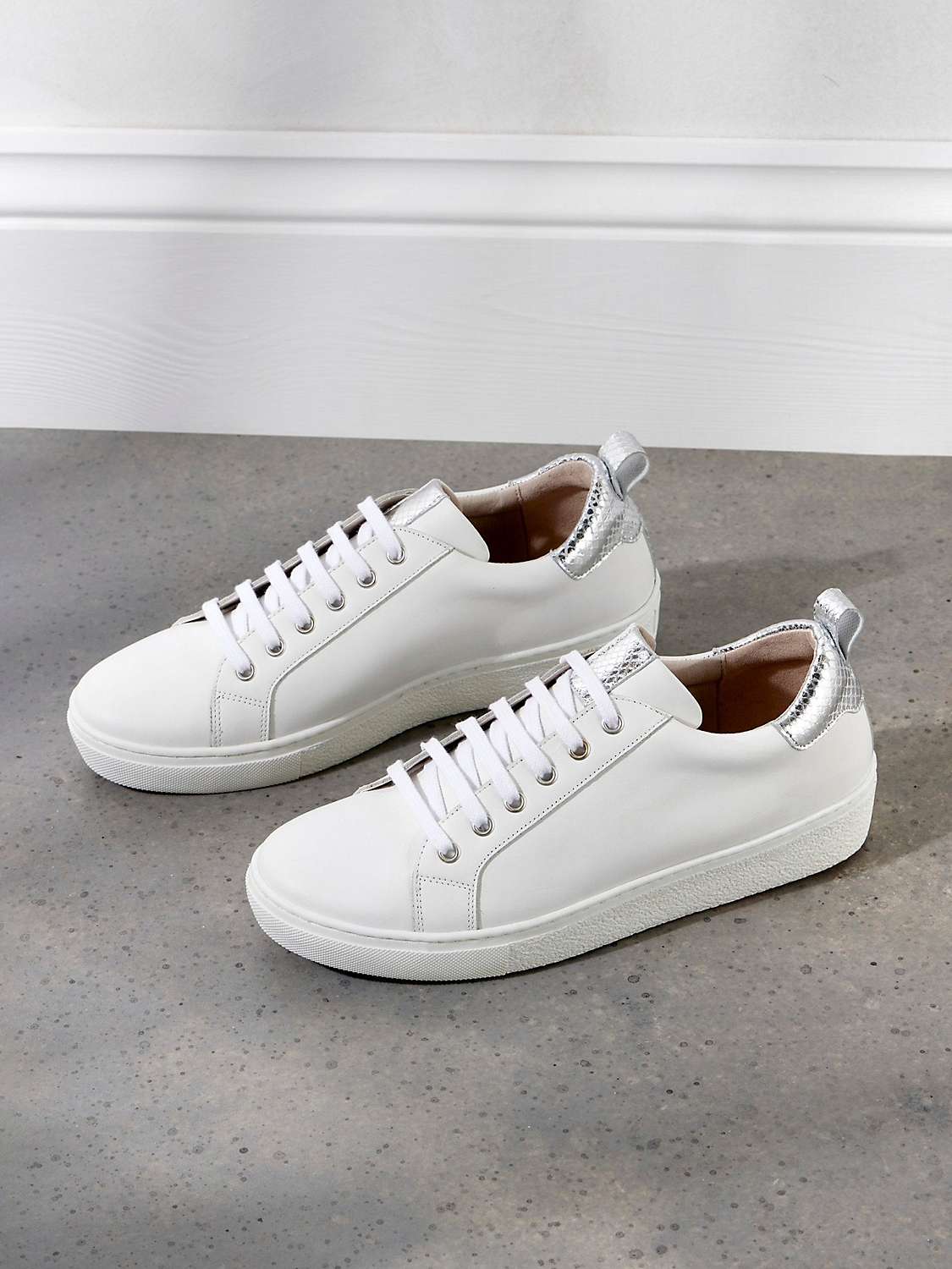 Buy Mint Velvet Leather Lace-Up Trainers, White/Silver Online at johnlewis.com