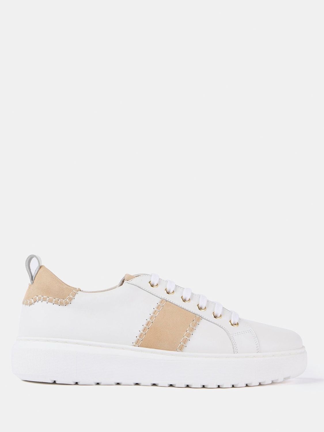 Mint Velvet Suede Patchwork Panel Leather Trainers, White/Neutral at ...