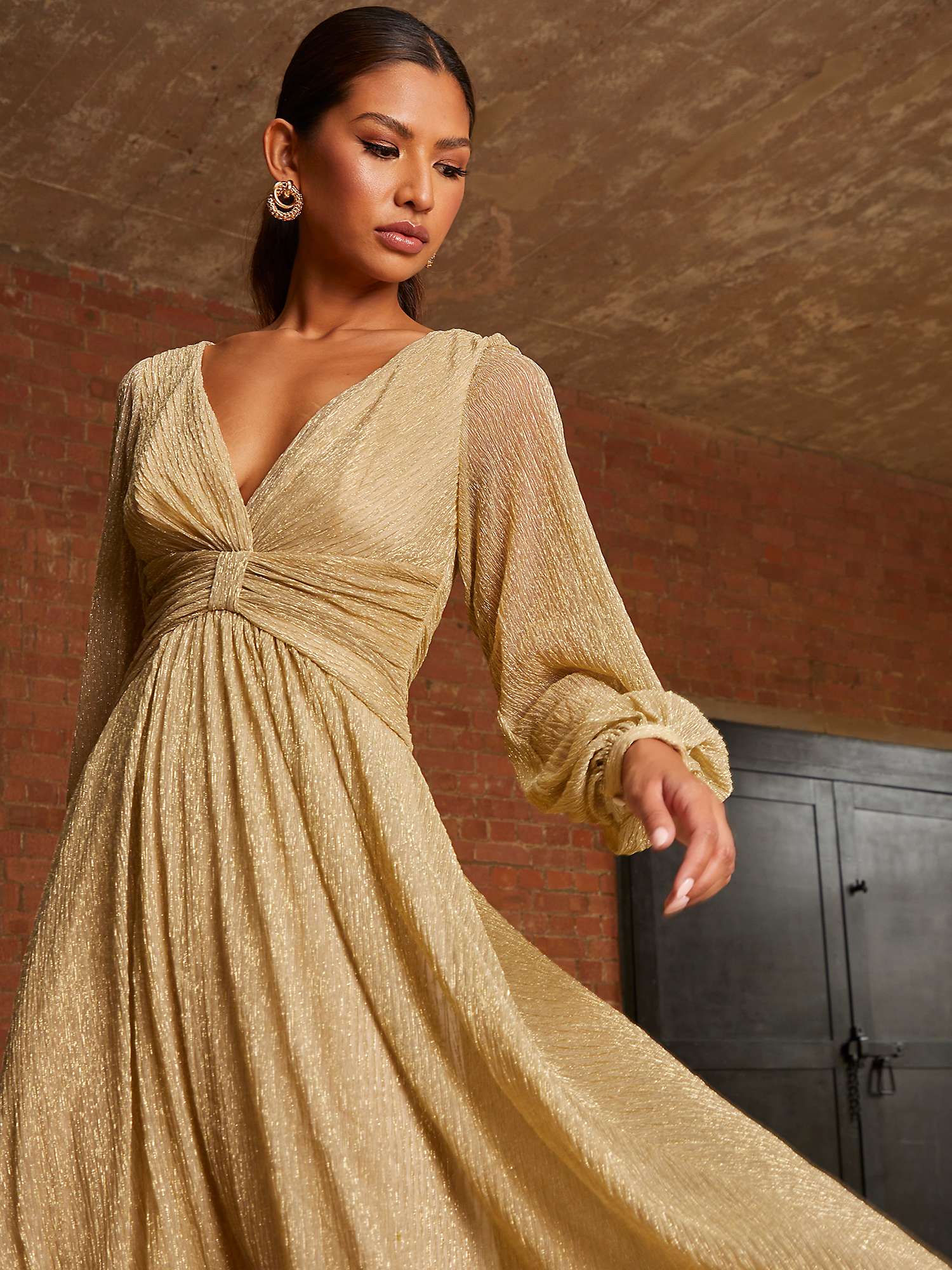 Buy Chi Chi London Glitter Plisse V-Neck Dress, Gold Online at johnlewis.com