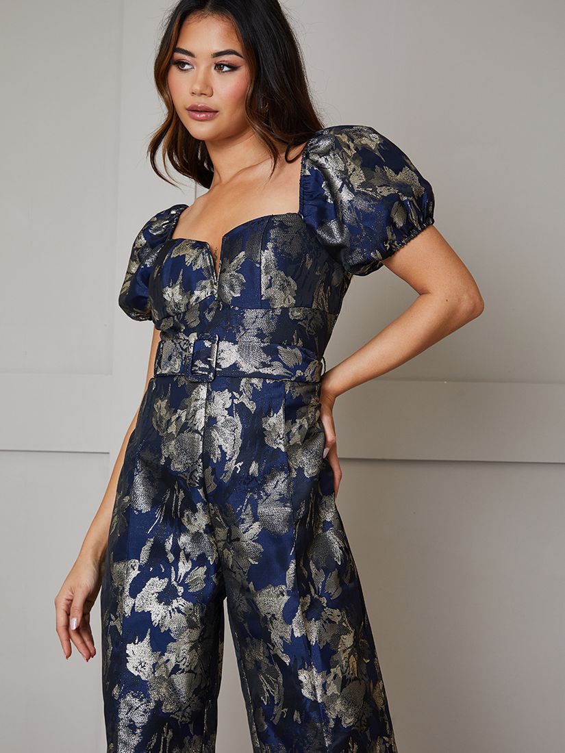 Buy Chi Chi London Puff Sleeve Jacquard Jumpsuit, Navy Online at johnlewis.com