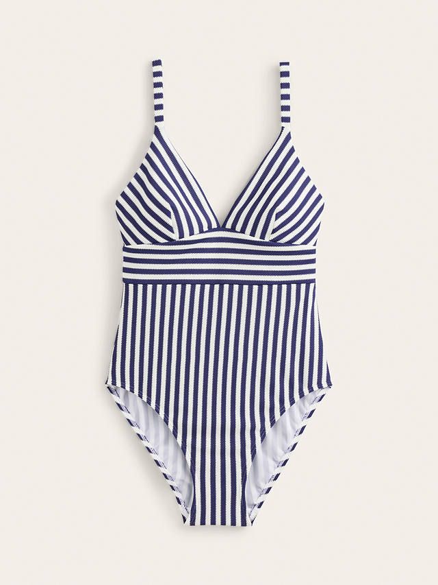 Boden Arezzo Stripe V-Neck Swimsuit, Navy/Ivory