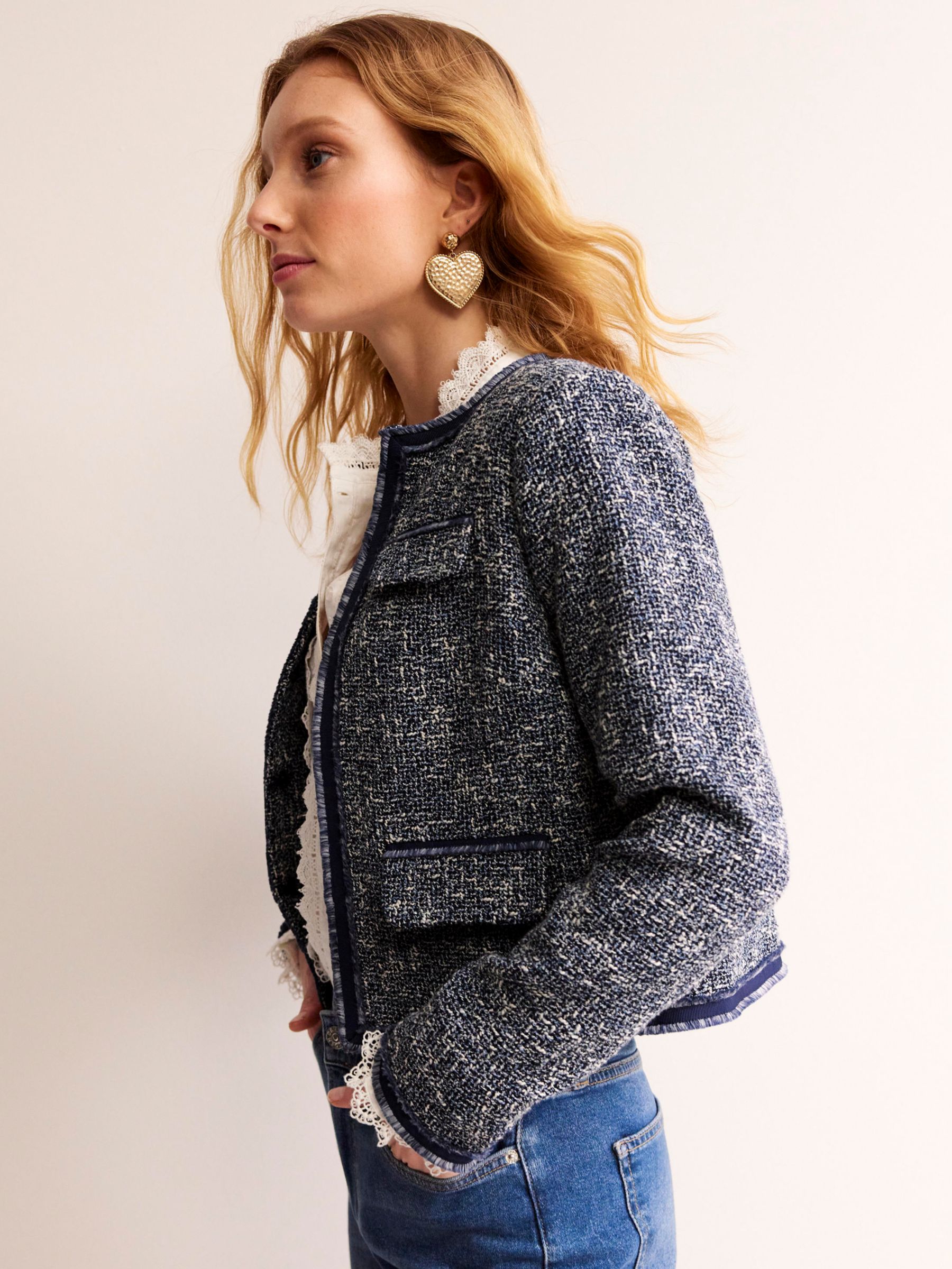 Boden Textured Boucle Cropped Jacket, Navy at John Lewis & Partners