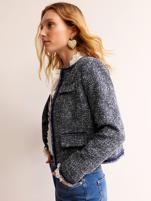 Boden Textured Boucle Cropped Jacket, Navy