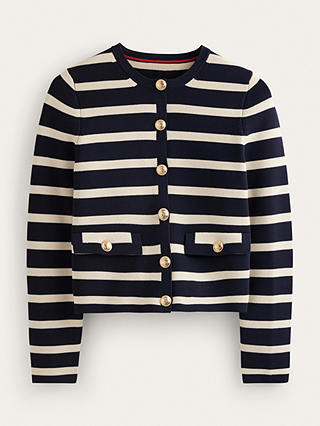 Boden Holly Cropped Stripe Knitted Jacket, Navy/Ivory