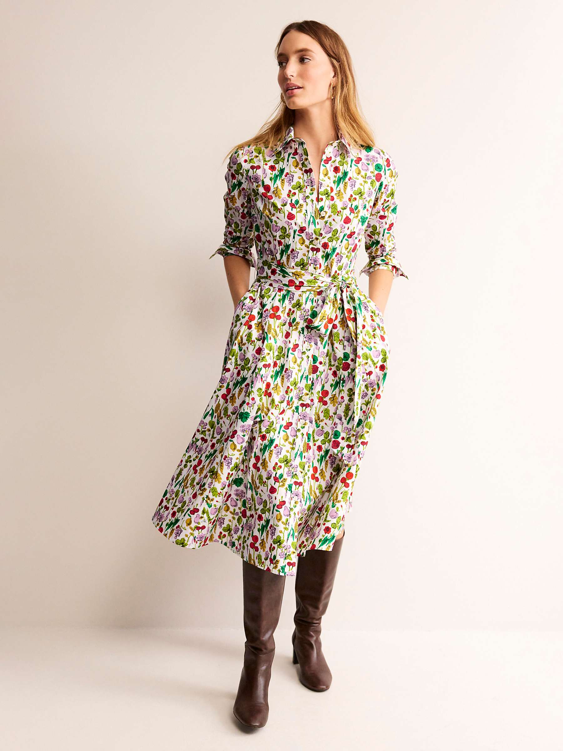 Boden Amy Cotton Floral Midi Dress, Ivory/Multi at John Lewis & Partners
