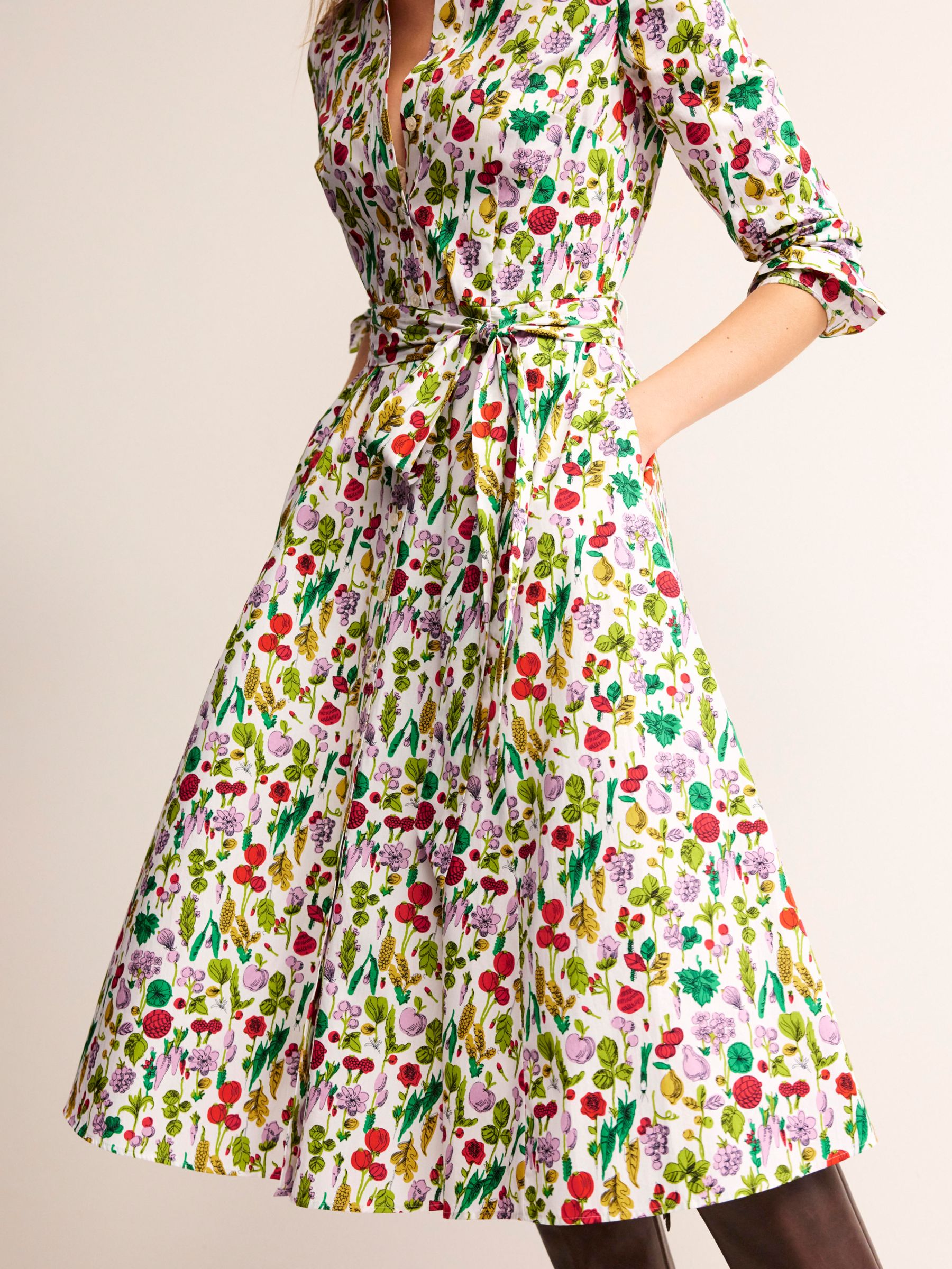 Boden Amy Cotton Floral Midi Dress, Ivory/Multi at John Lewis & Partners