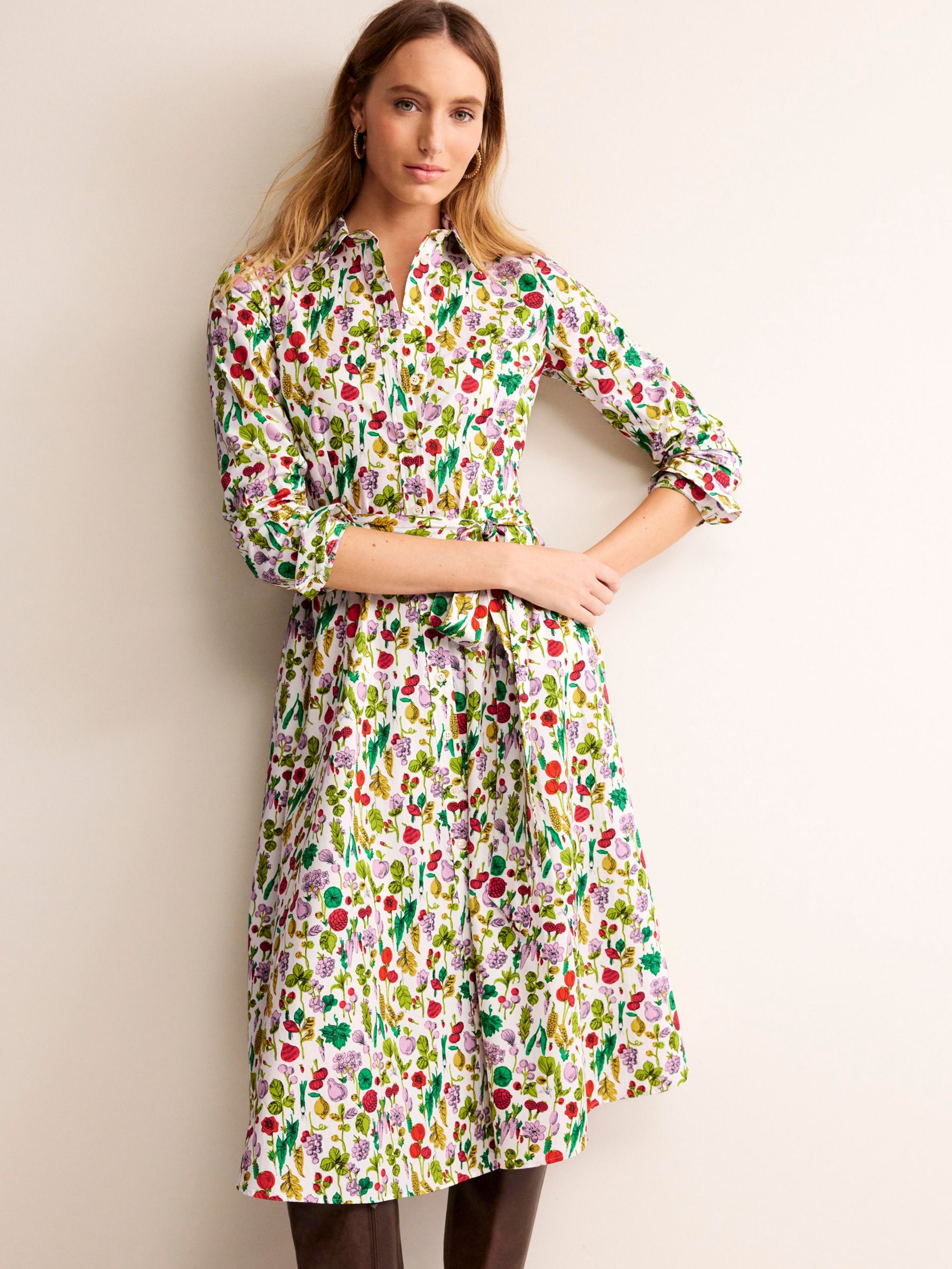 Boden Amy Cotton Floral Midi Dress, Ivory/Multi