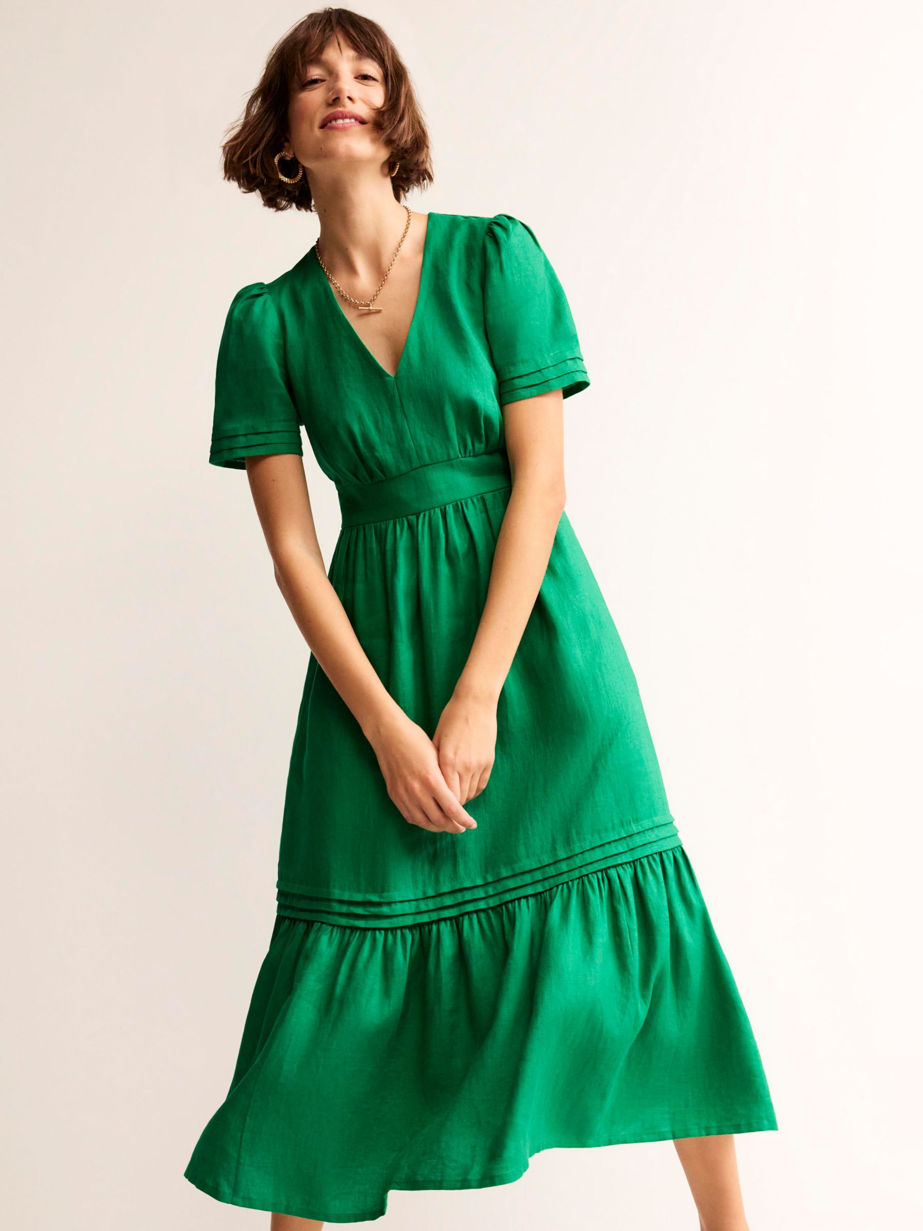 Boden Eve Linen Midi Dress, Green Tambourine at John Lewis & Partners