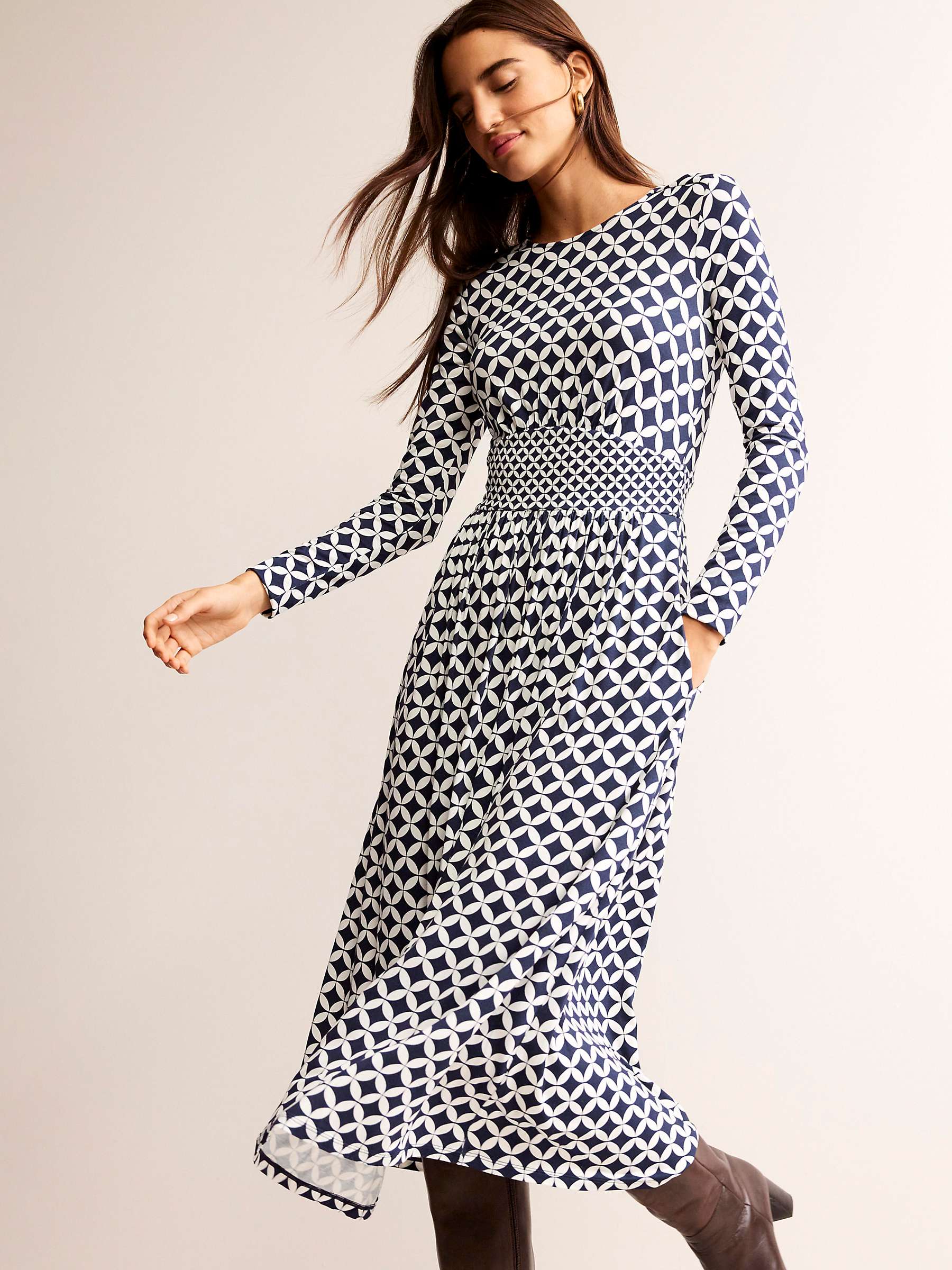 Buy Boden Thea Geometric Long Sleeve Midi Dress, Navy/White Online at johnlewis.com