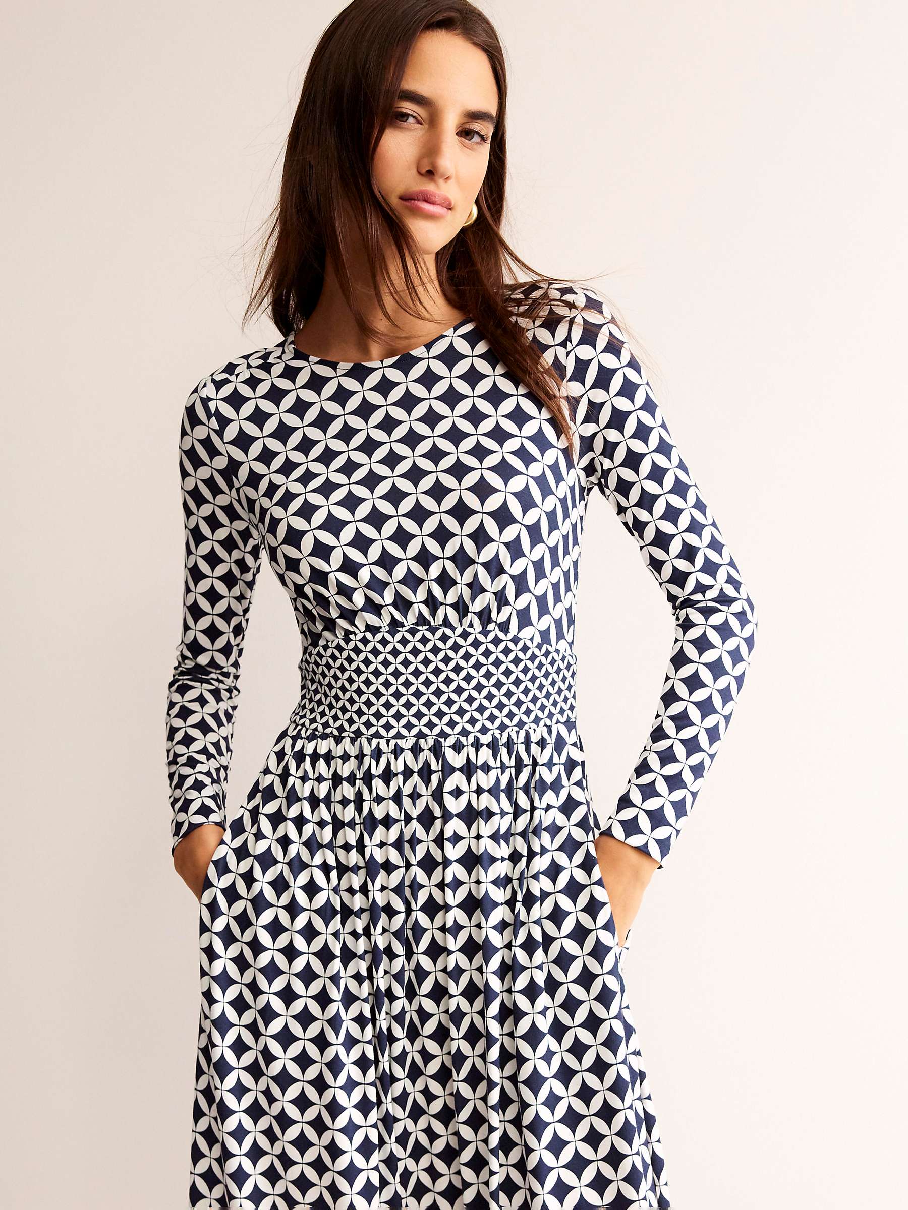 Buy Boden Thea Geometric Long Sleeve Midi Dress, Navy/White Online at johnlewis.com