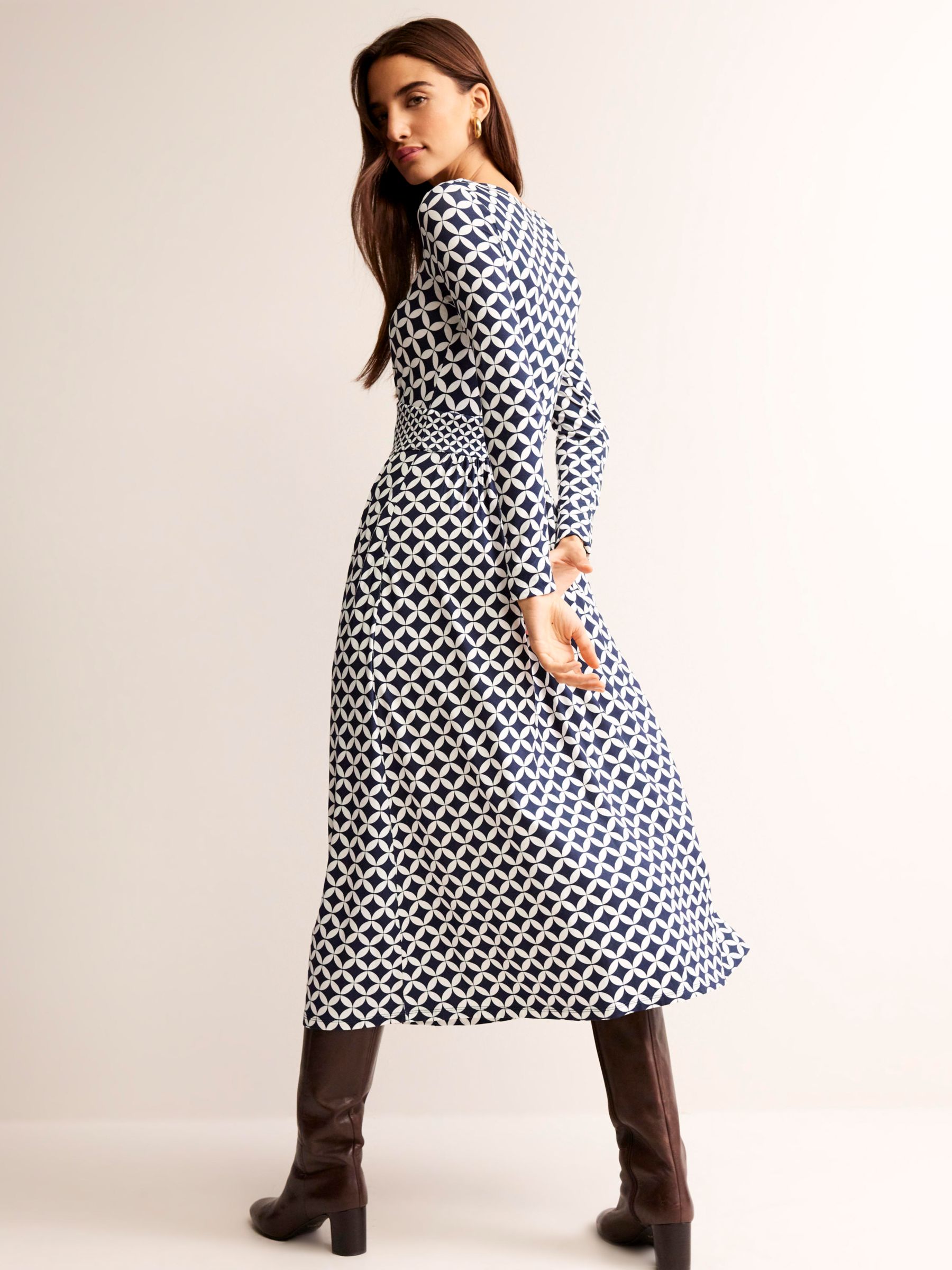 Boden Thea Geometric Long Sleeve Midi Dress, Navy/White at John Lewis ...