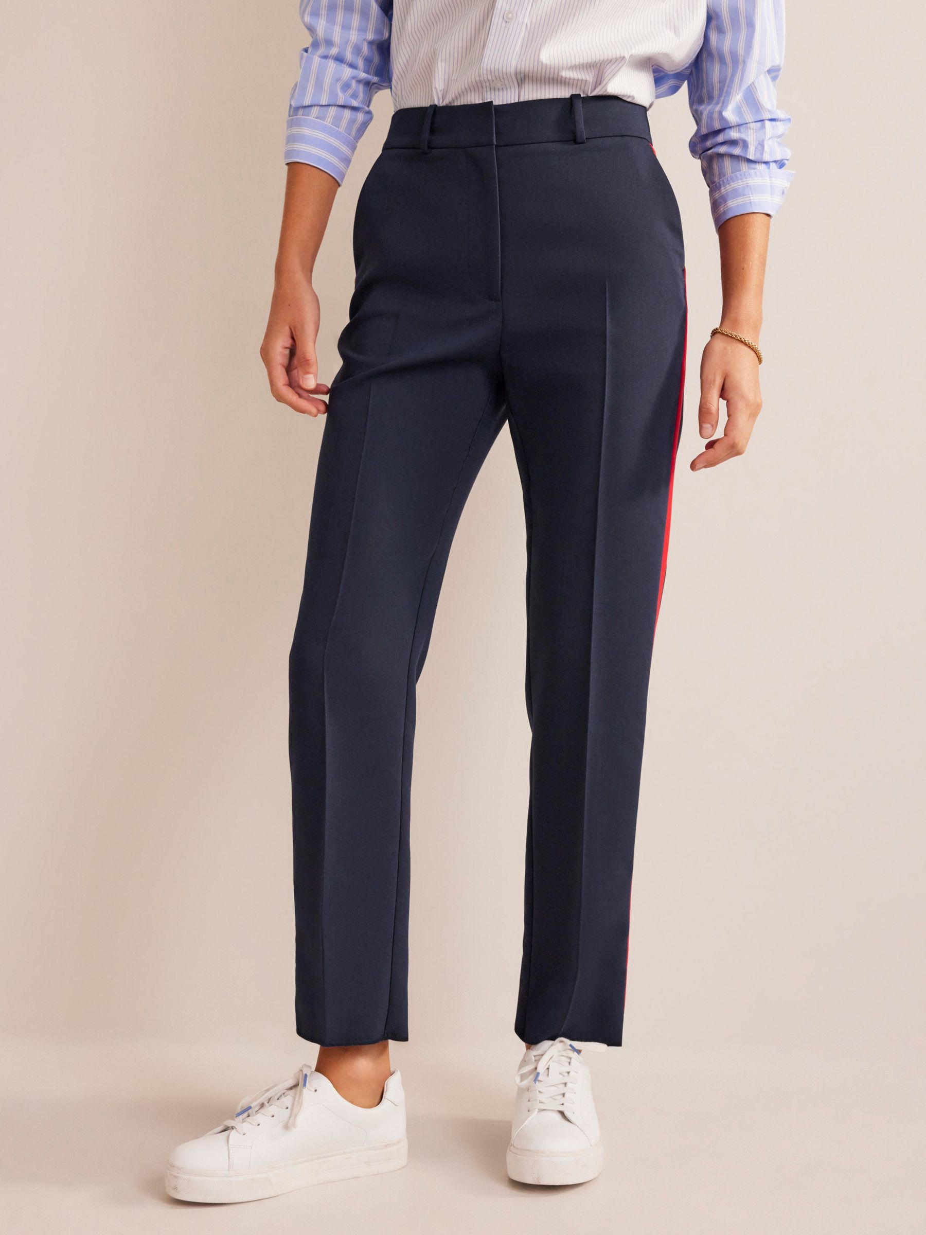 Boden Kew Side Stripe Tapered Trousers, Navy/Red at John Lewis & Partners