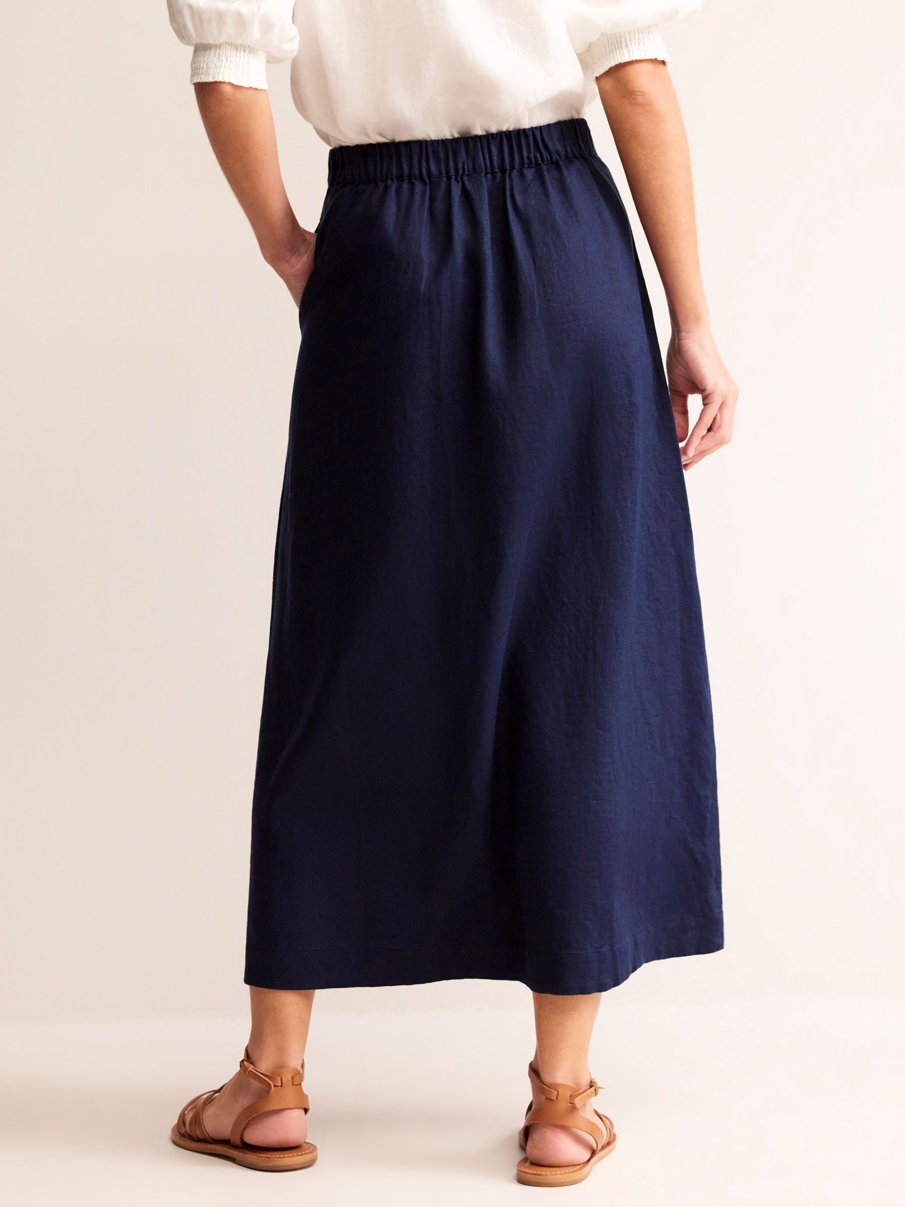 Boden Florence Linen Midi Skirt, Navy, 8