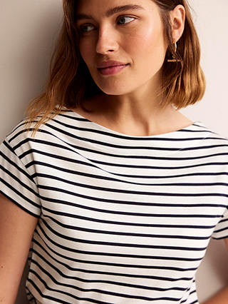 Boden Supersoft Striped Boat Neck T-Shirt, Ivory/Navy