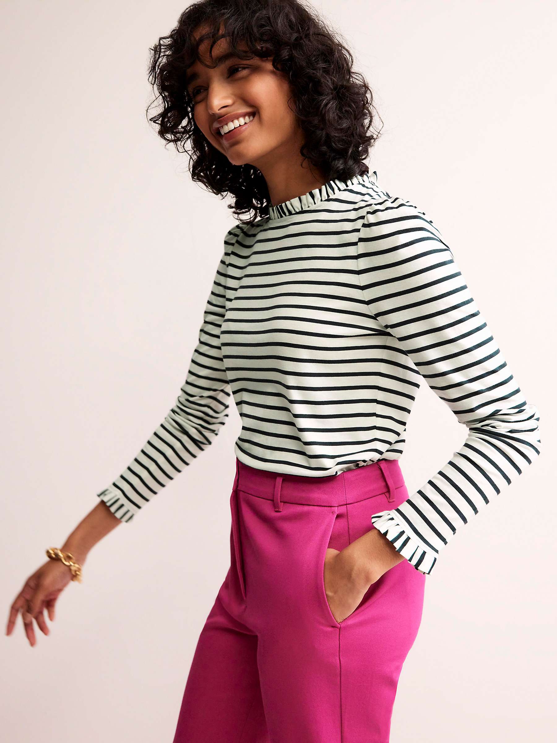 Buy Boden Supersoft Frill Detail Striped Long Sleeve Top, Ivory/Navy Online at johnlewis.com