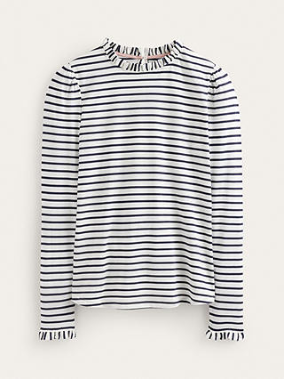 Boden Supersoft Frill Detail Striped Long Sleeve Top, Ivory/Navy
