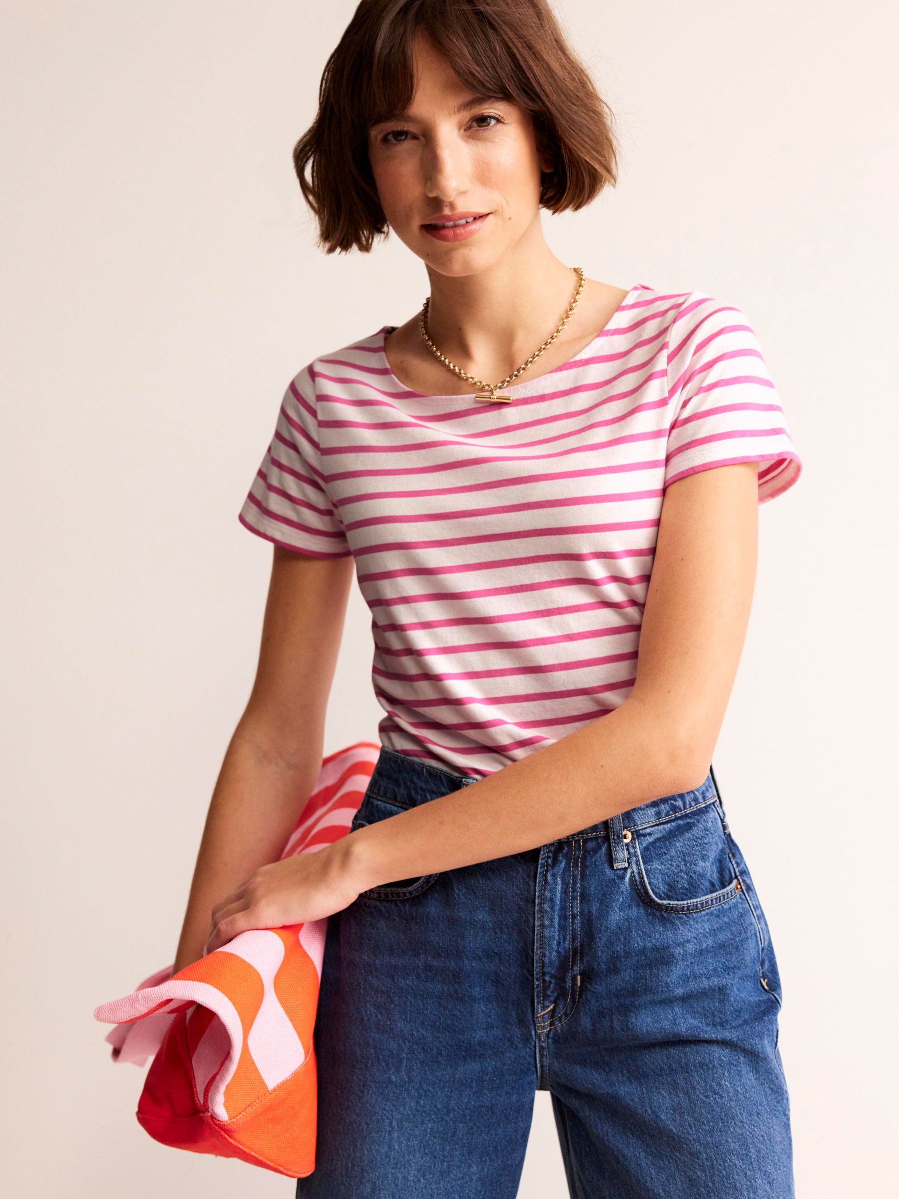 Boden Ella Short Sleeve Stripe T-Shirt, Ivory/Pink at John Lewis & Partners