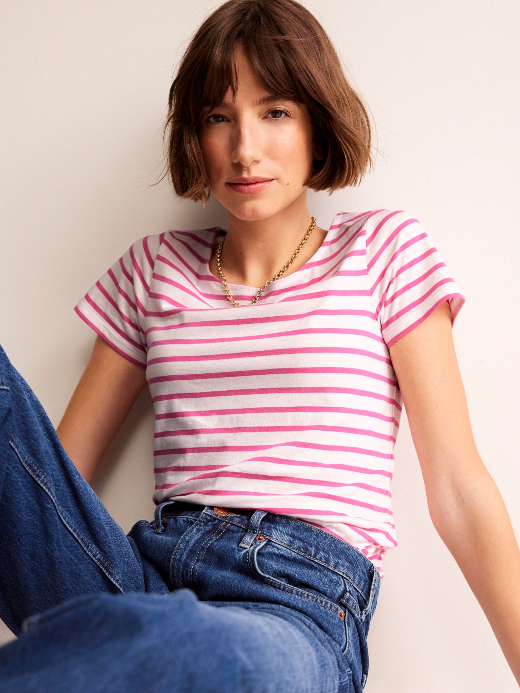 Buy Boden Ella Short Sleeve Stripe T-Shirt, Ivory/Pink Online at johnlewis.com